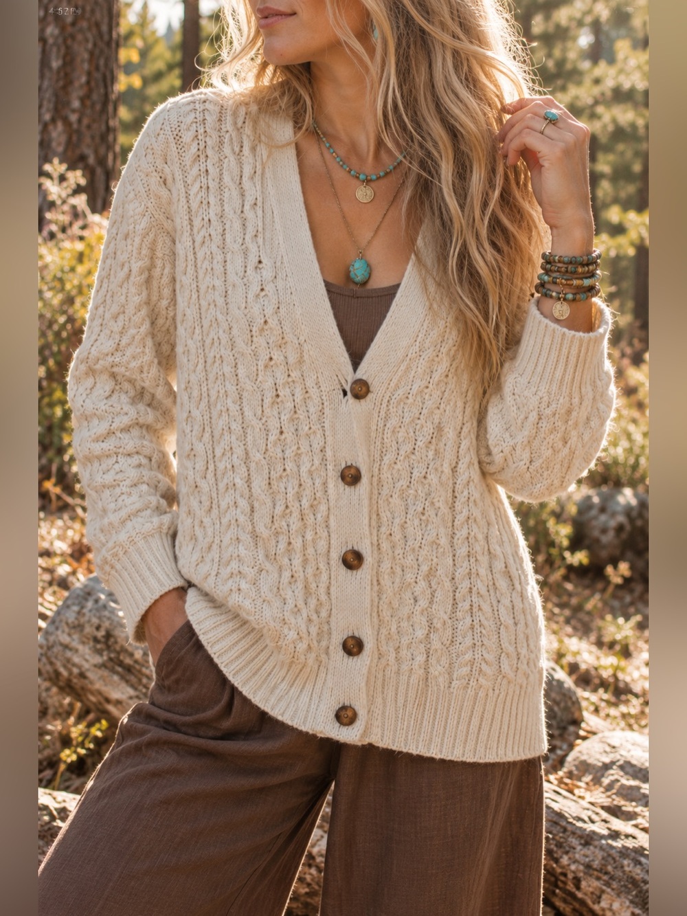 Brandy Melville 90% Wool Cream Cable Knit Button Cardigan Oversized Cozy